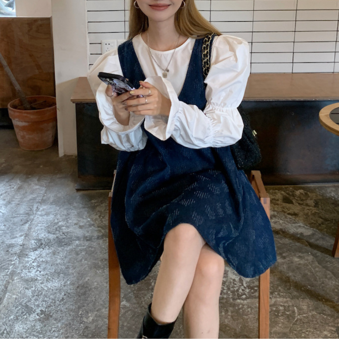 puff sleeve shirt, denim vest skirt lf2643