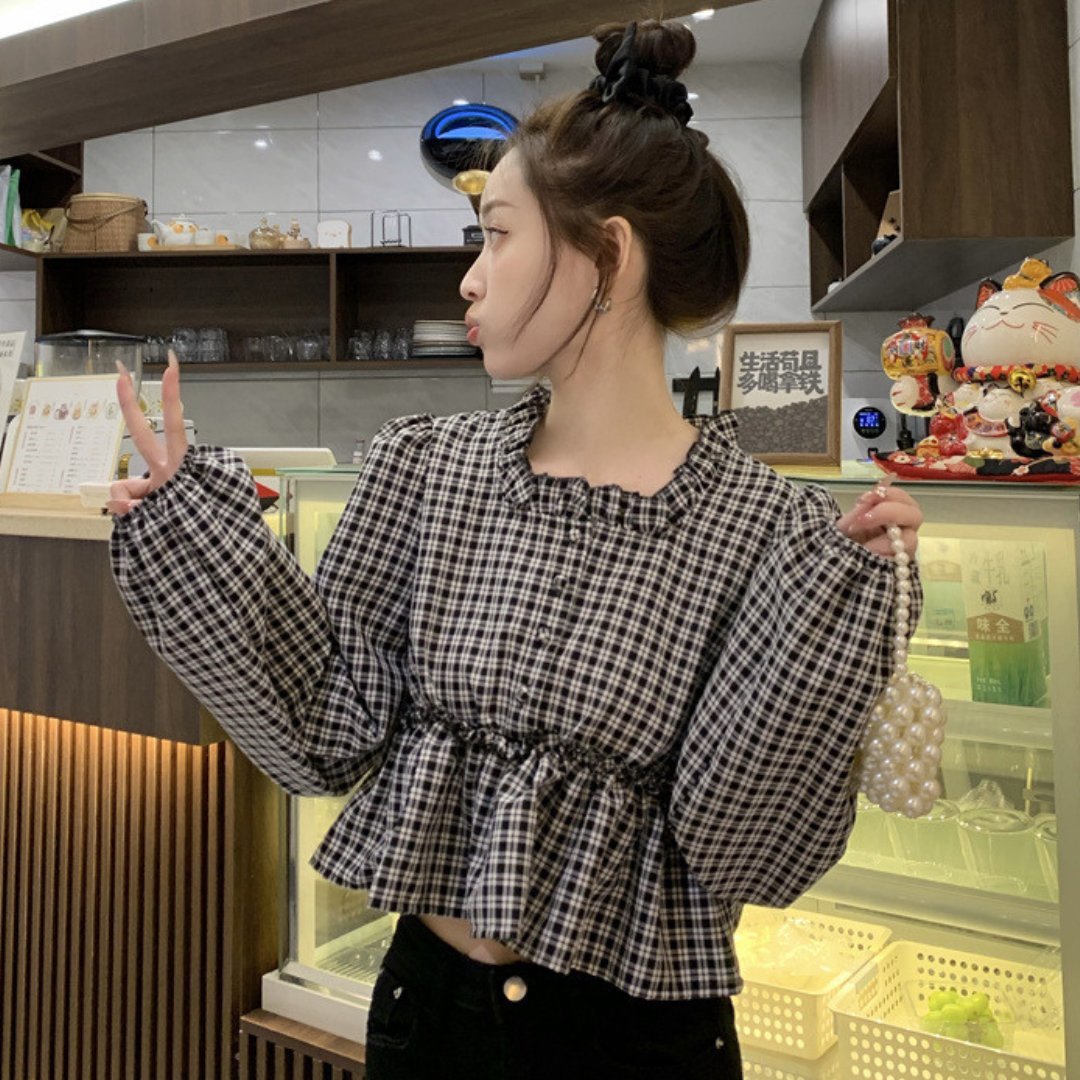peplum check blouse lf2720