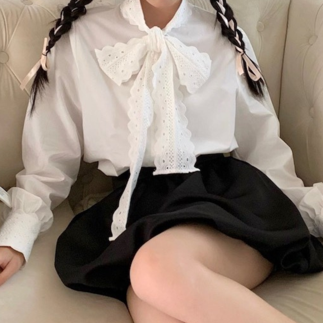 lace ribbon tie blouse lf2542