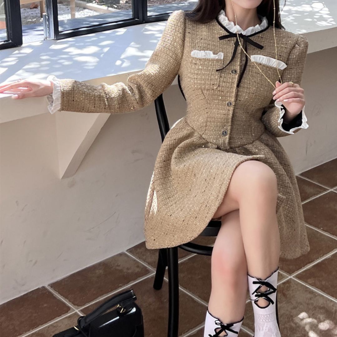 frill ribbon tie tweed onepiece lf2558