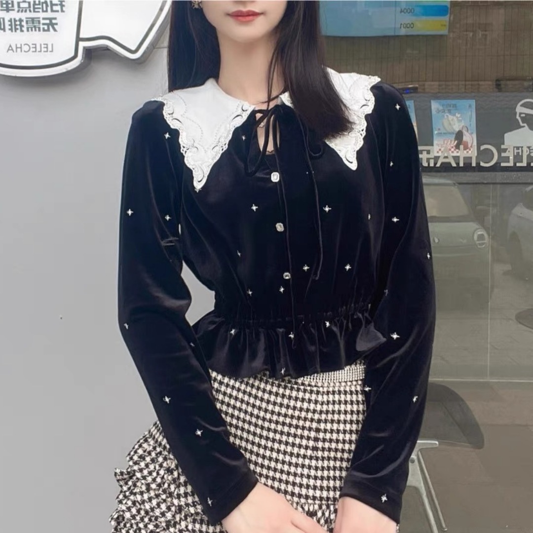 velor lace collar tops lf2688