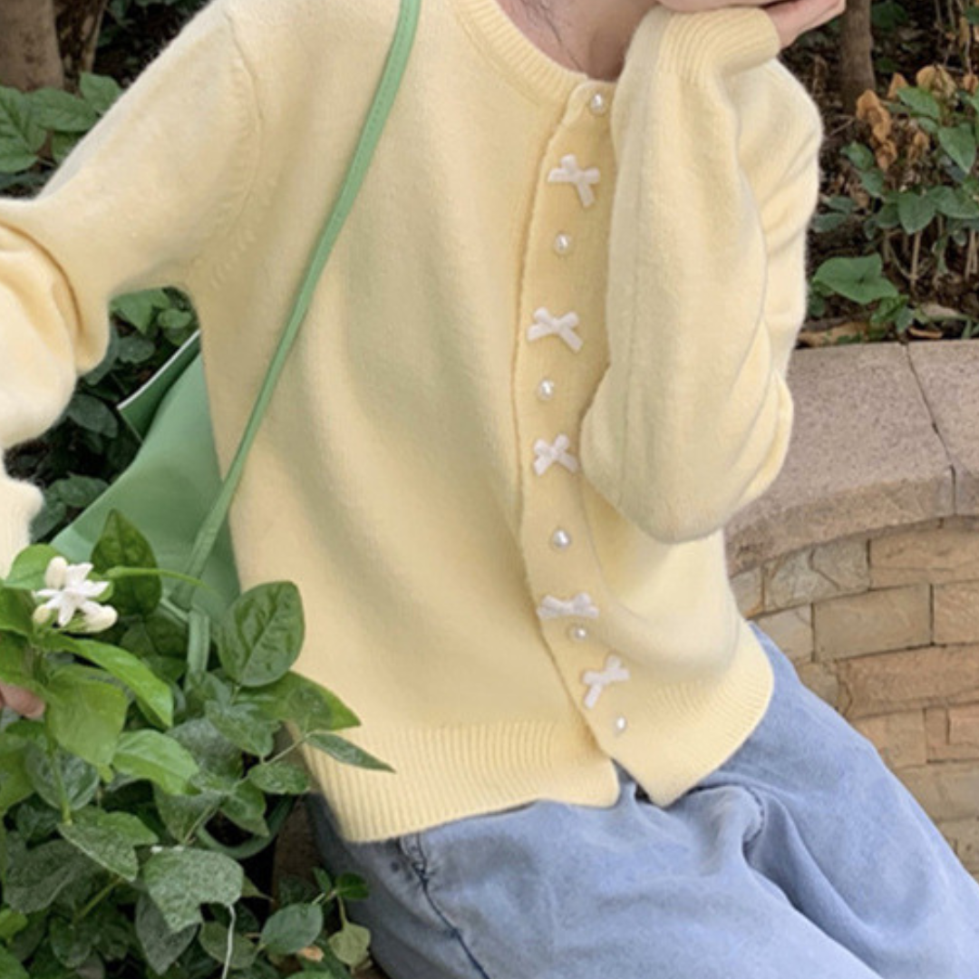 【即納】pearl and ribbon knit cardigan lf-s1016