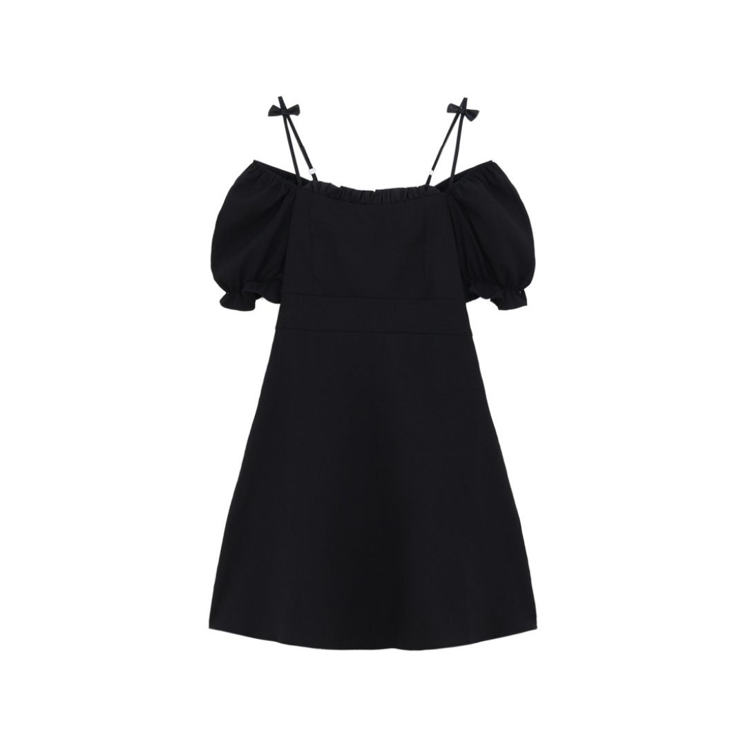 【即納】ribbon shoulder black onepiece lf-s1040-1