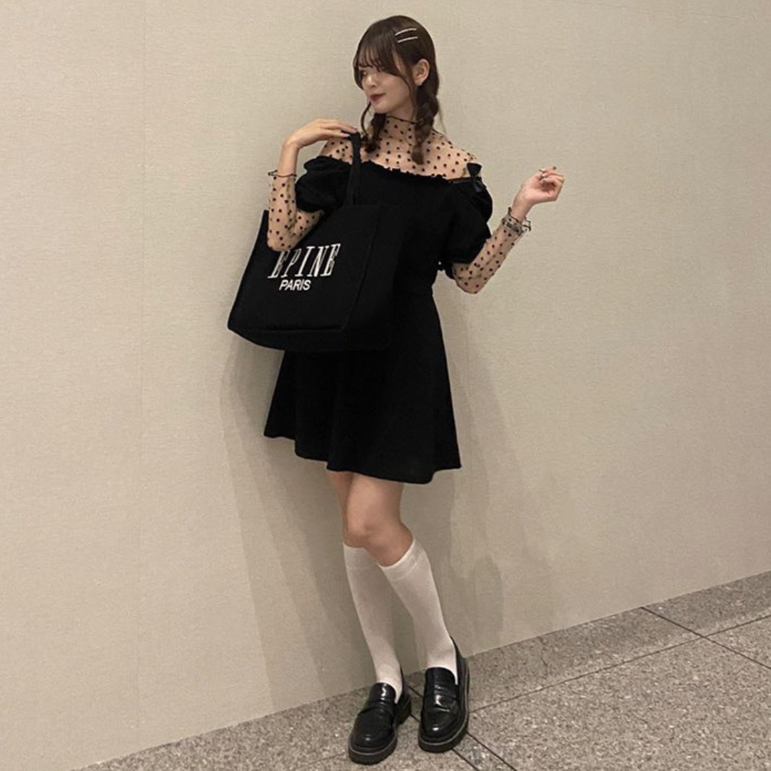 【即納】ribbon shoulder black onepiece lf-s1040-1
