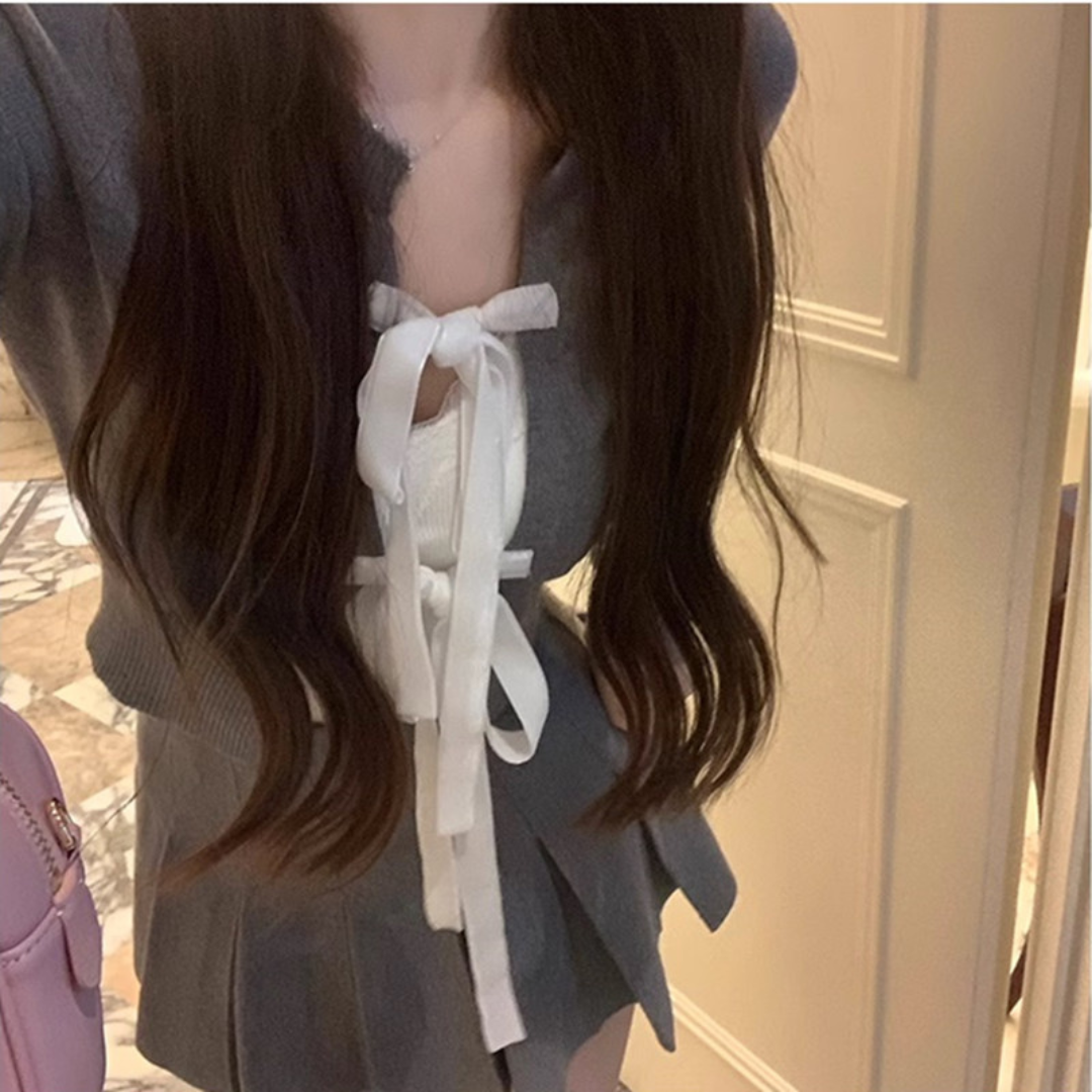 front ribbon gray short cardigan lf2574