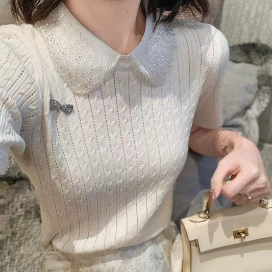 sparkly collar short sleeve knit lf3287