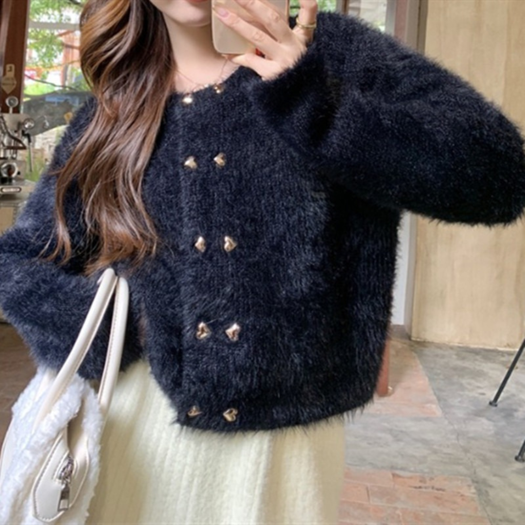 heart double button shaggy knit cardigan lf2536
