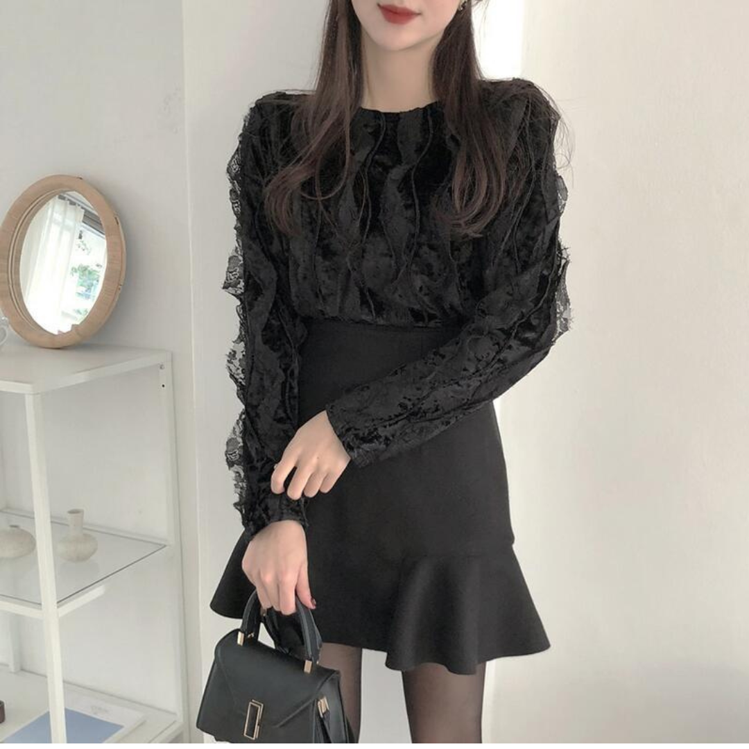 lace shirt + high waist ruffle skirt setup lf2599