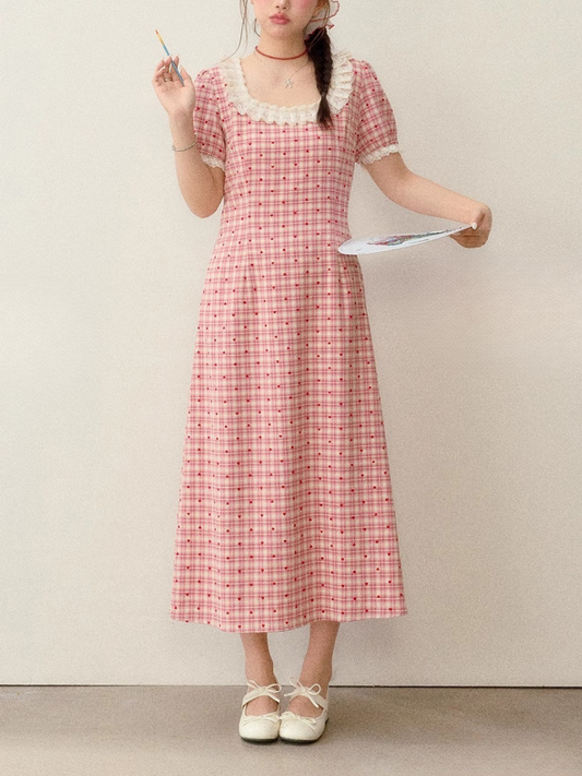 Rose Plaid Lace-Trim Midi Dress lf3401