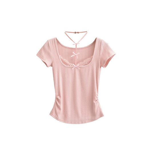 ribbon lace design stretch tops lf3212