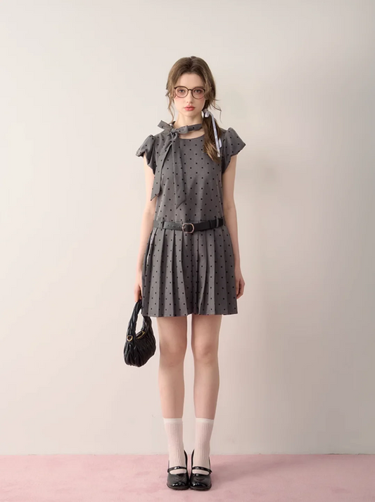 Polka-Dot Flutter Sleeve Pleated Mini Dress lf3400
