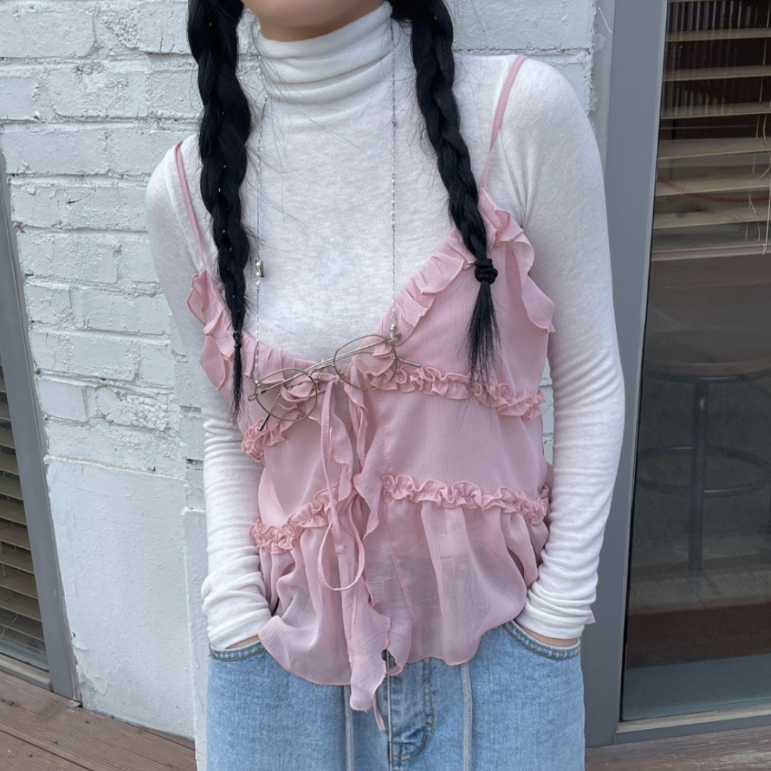 sheer ruffle cami tops lf3038