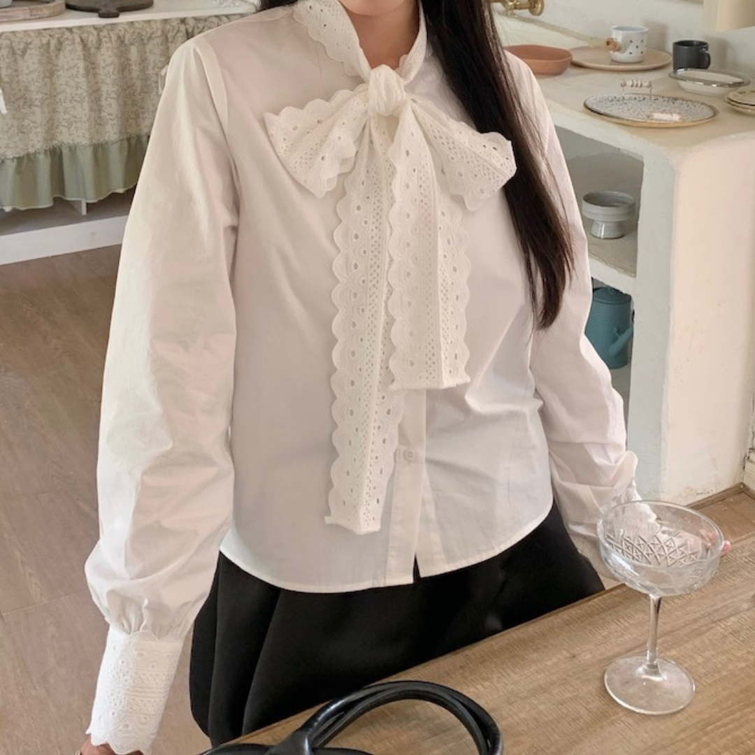 lace ribbon tie blouse lf2542
