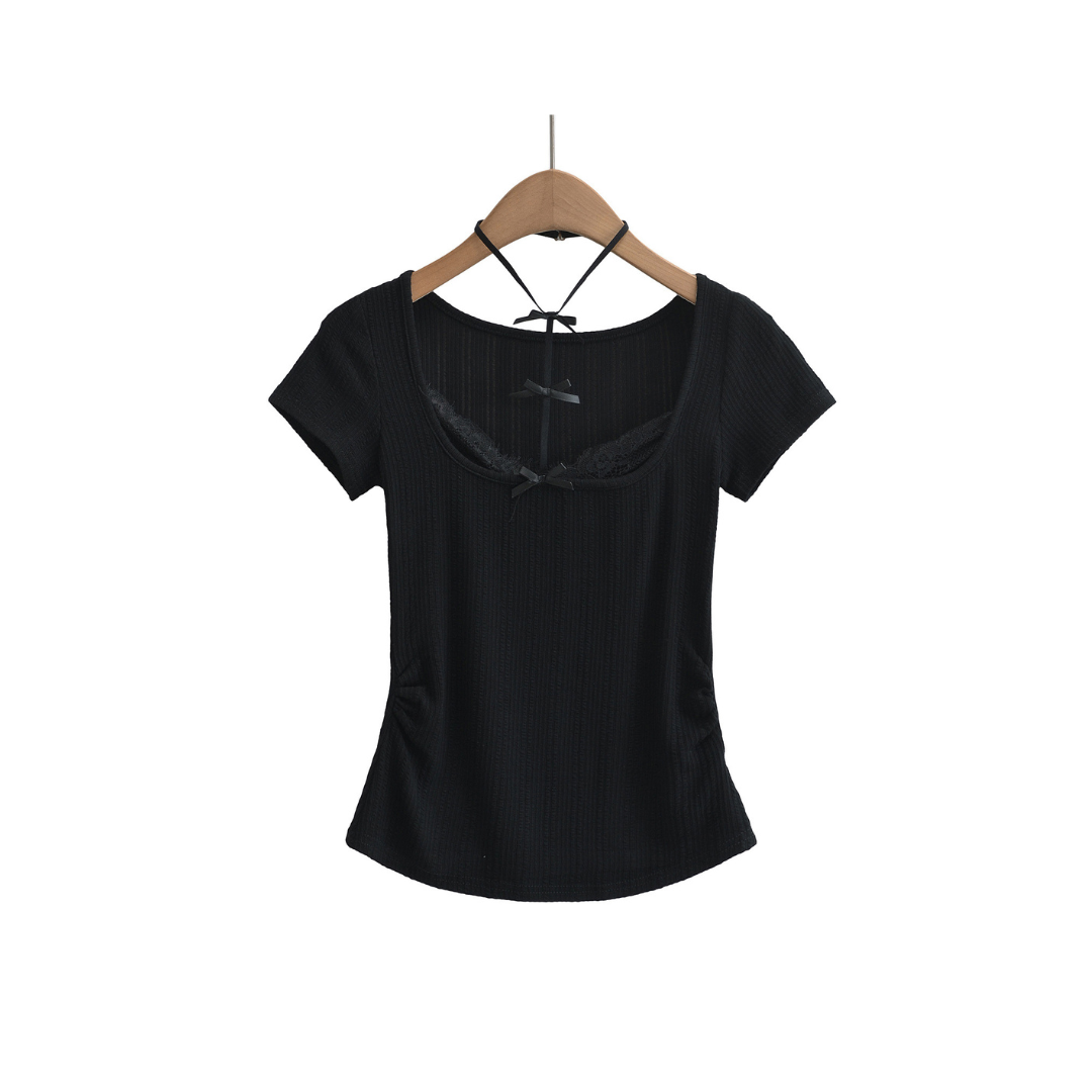 ribbon lace design stretch tops lf3212