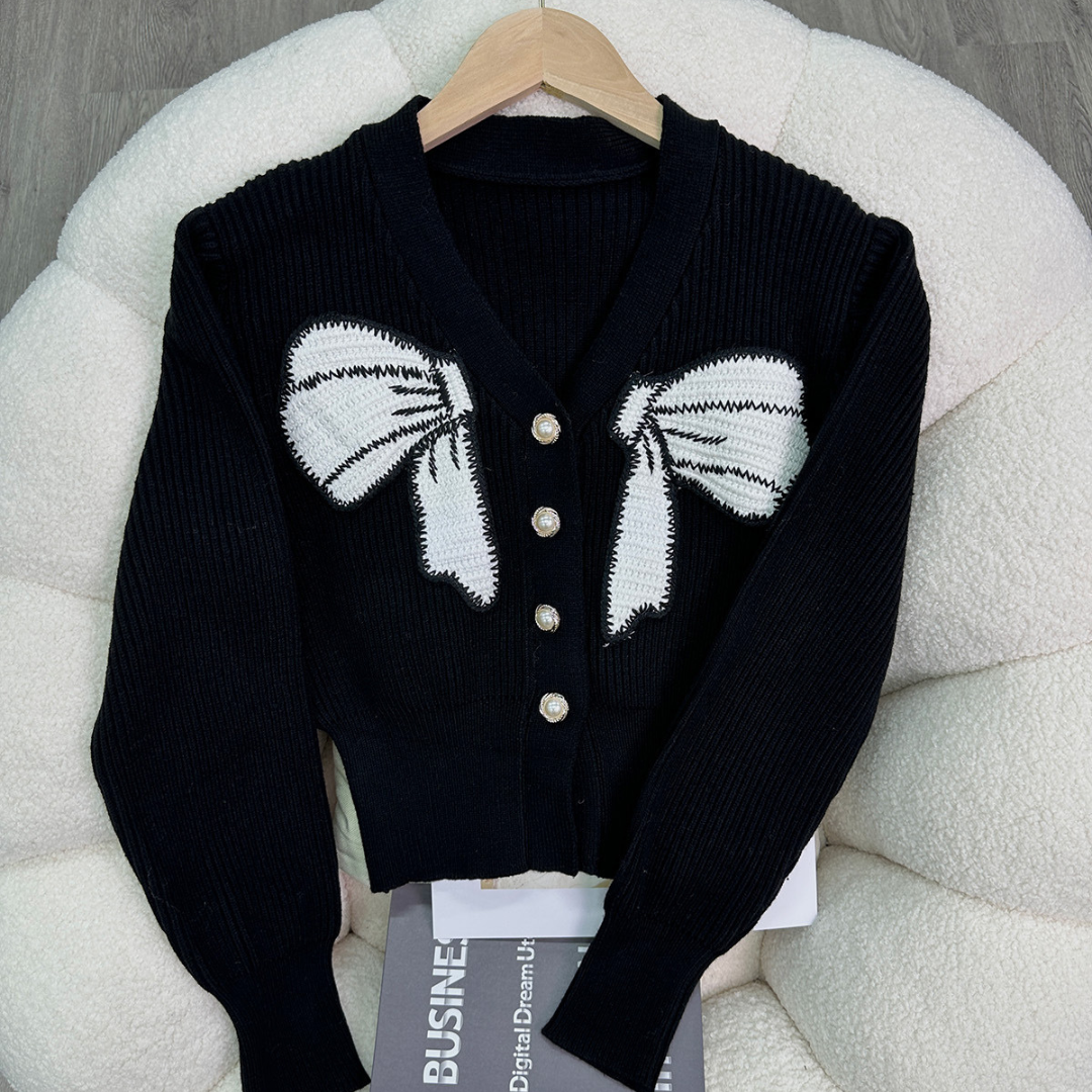 V neck ribbon sweater cardigan lf2737