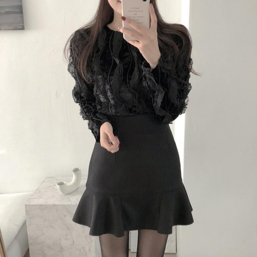 lace shirt + high waist ruffle skirt setup lf2599