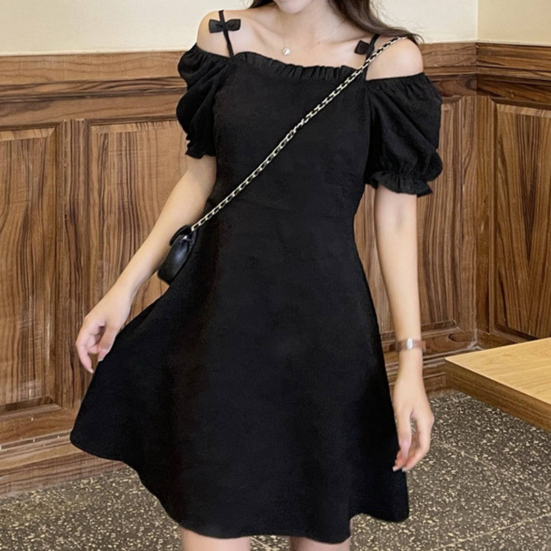 【即納】ribbon shoulder black onepiece lf-s1040-1