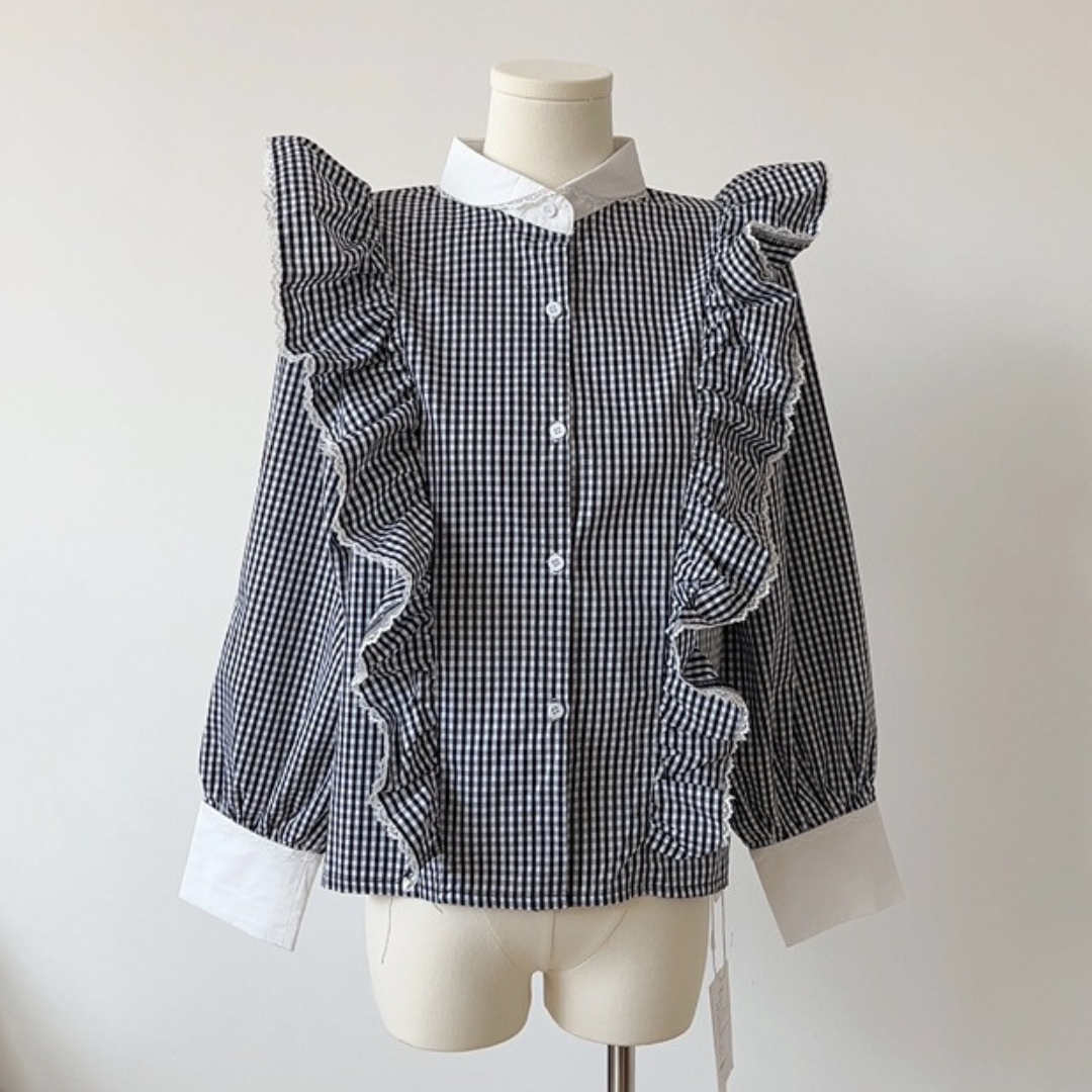 ginghamcheck frill french blouse lf2552