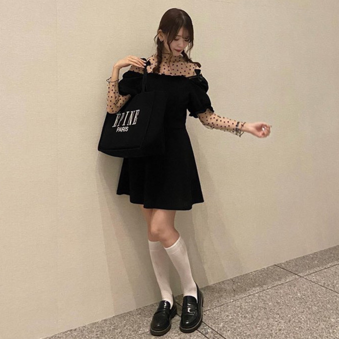 【即納】ribbon shoulder black onepiece lf-s1040-1