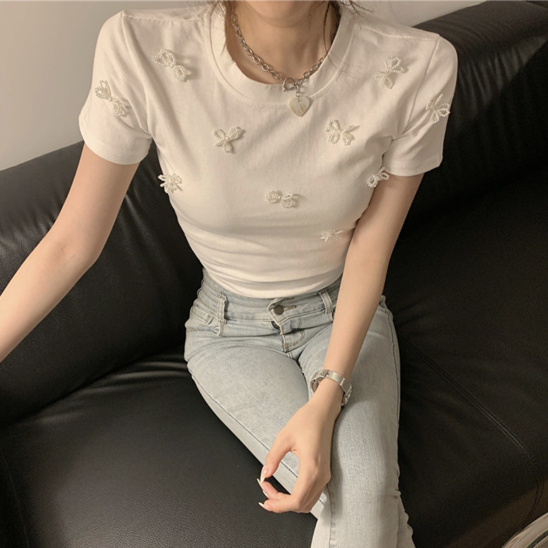 【即納】pearl ribbon t-shirt lf3000