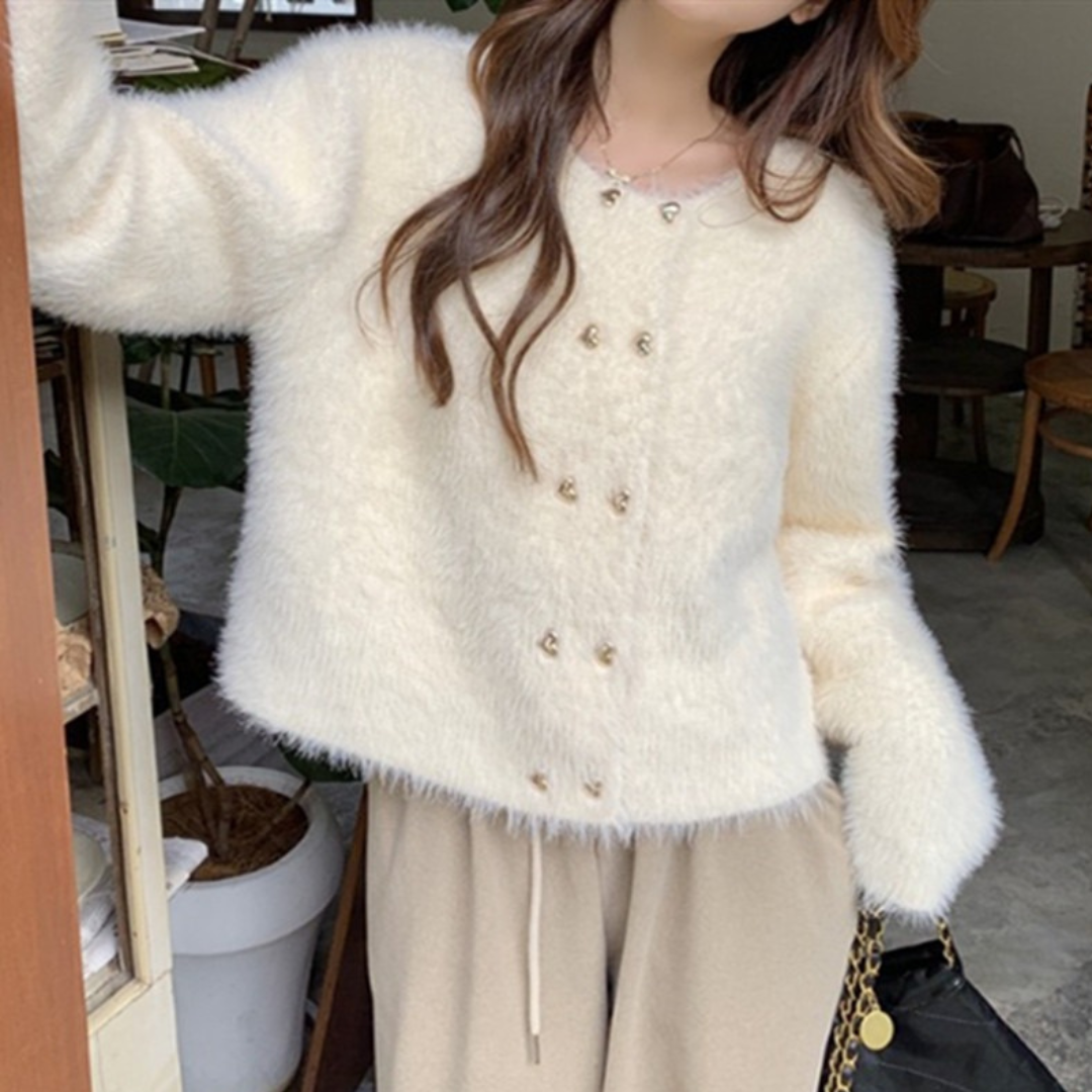 heart double button shaggy knit cardigan lf2536