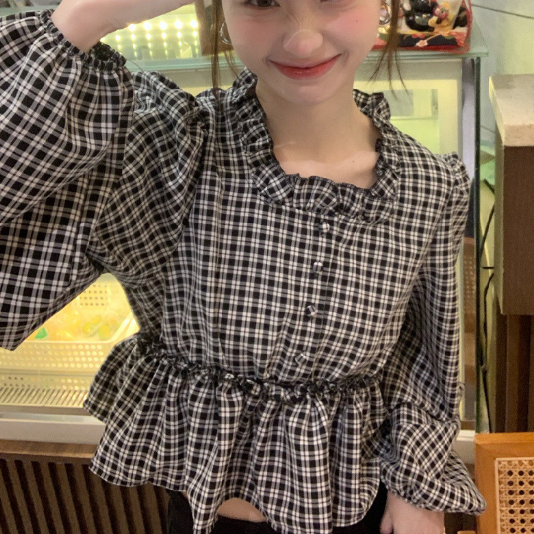 peplum check blouse lf2720