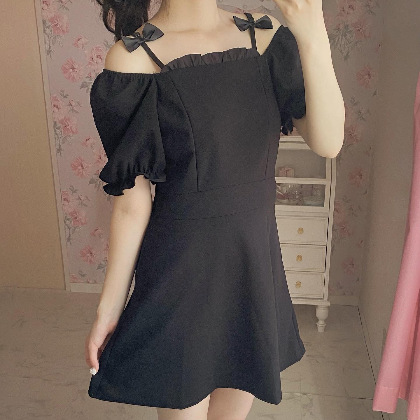 【即納】ribbon shoulder black onepiece lf-s1040-1
