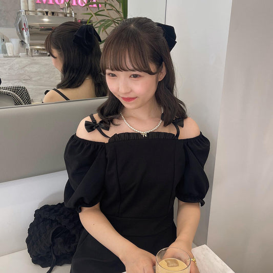 【即納】ribbon shoulder black onepiece lf-s1040-1