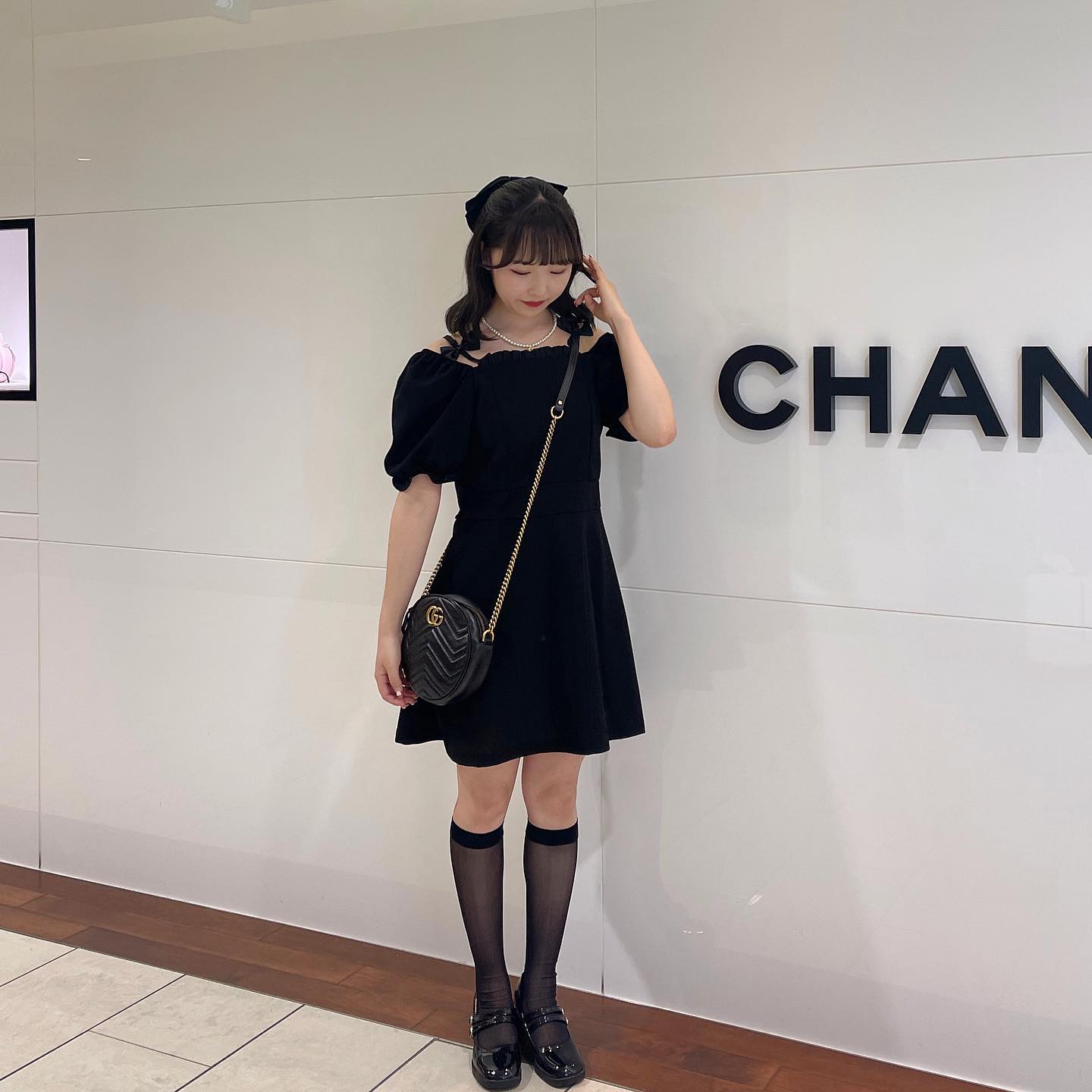 【即納】ribbon shoulder black onepiece lf-s1040-1