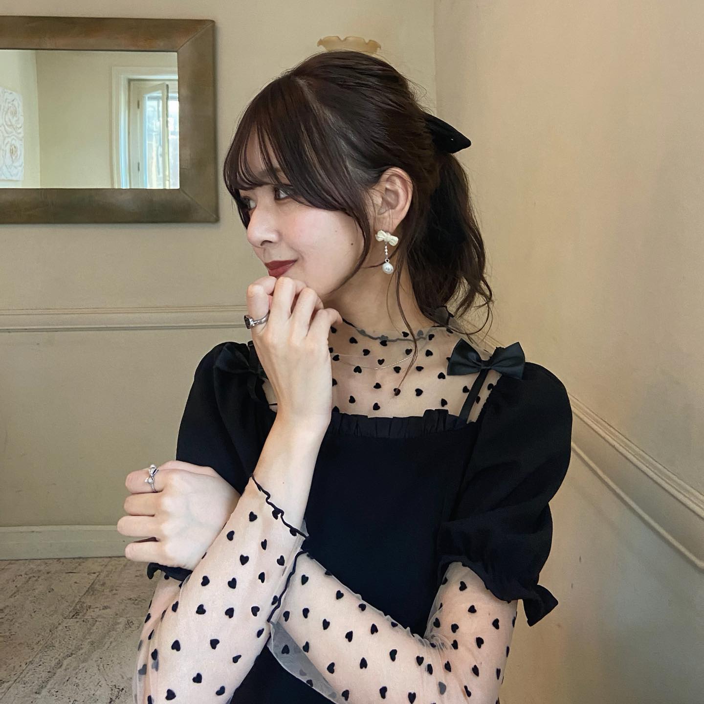【即納】ribbon shoulder black onepiece lf-s1040-1
