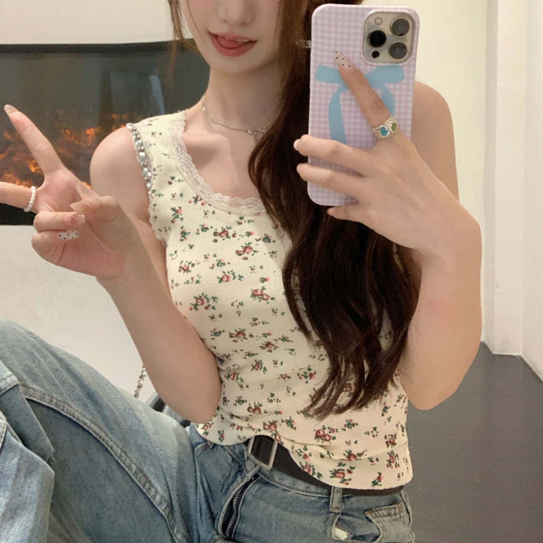 【即納】floral lace sleeveless tops lf3227