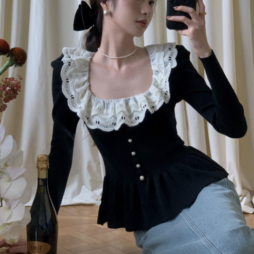 lace ruffle peplum sweater lf2721