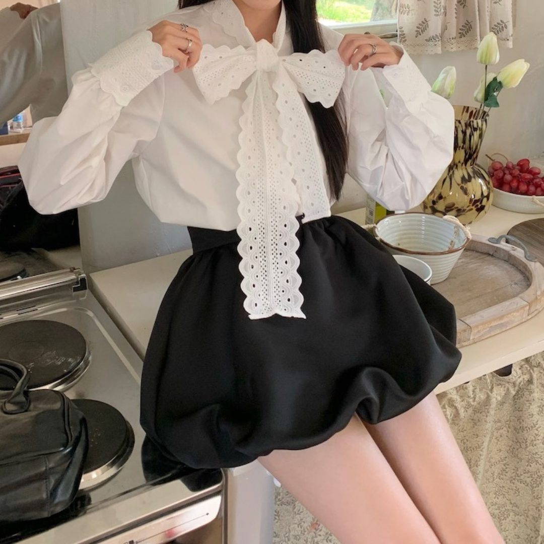 lace ribbon tie blouse lf2542