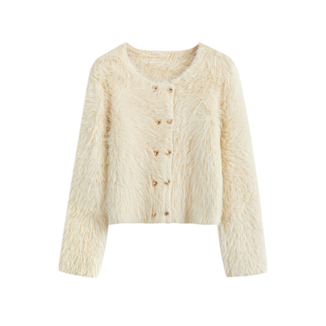 heart double button shaggy knit cardigan lf2536