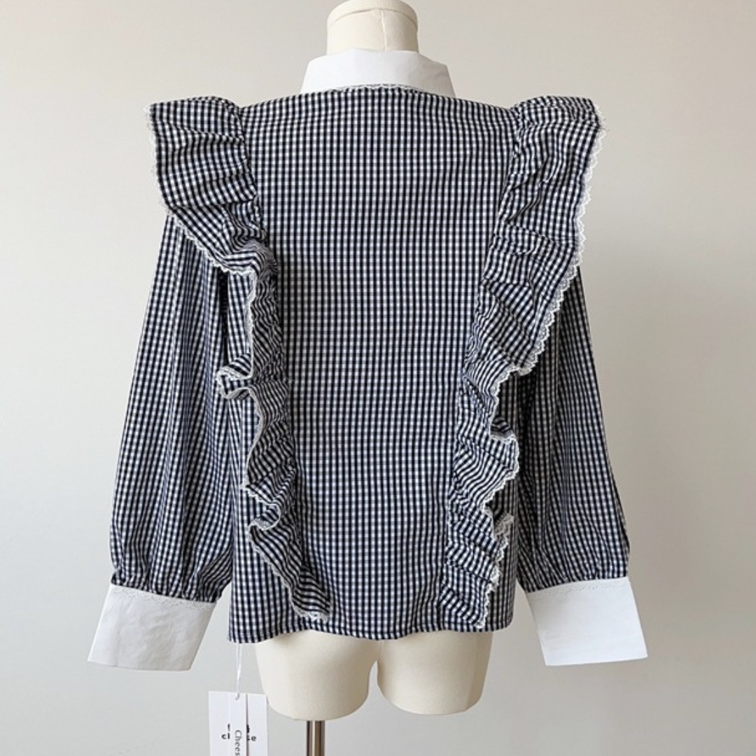 ginghamcheck frill french blouse lf2552
