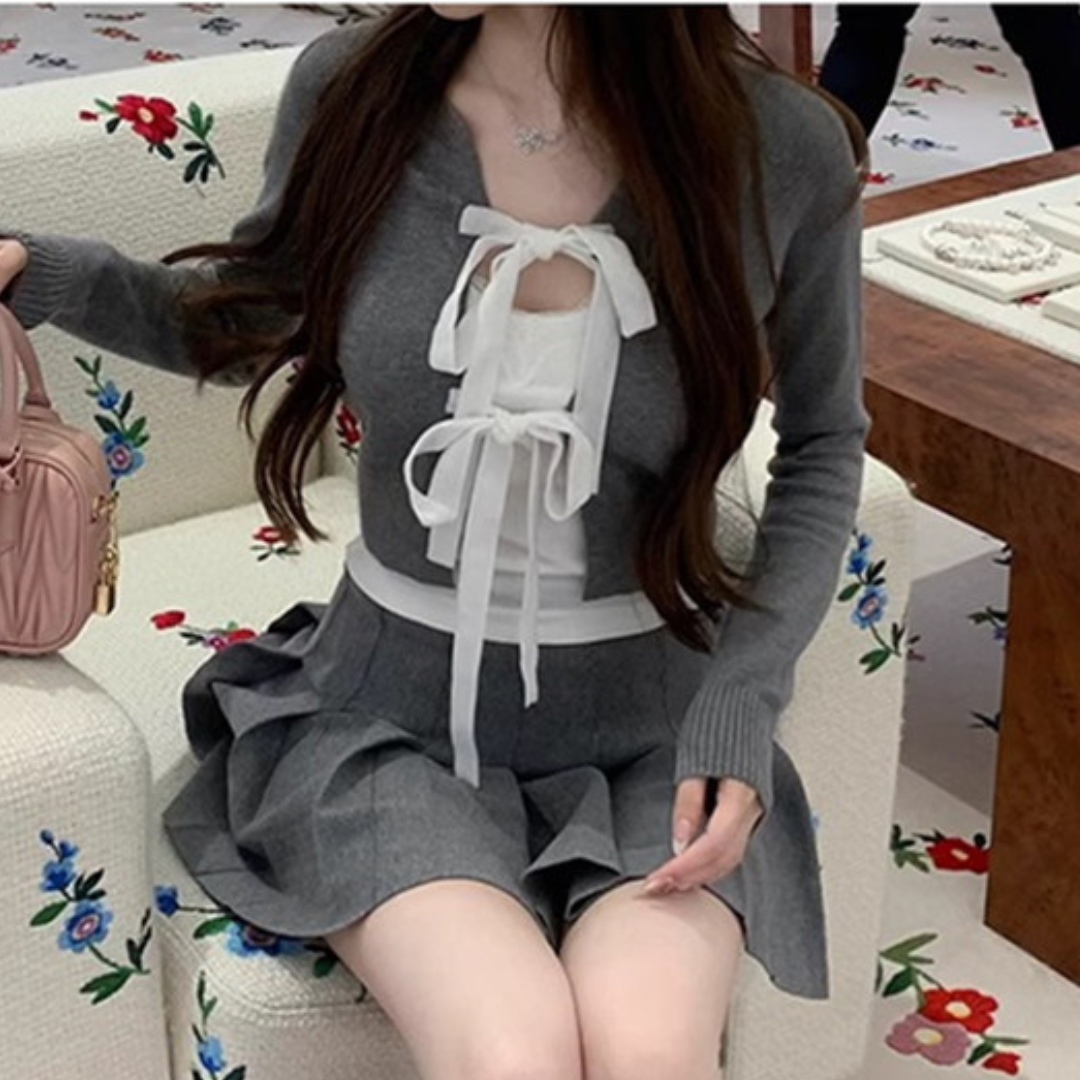 front ribbon gray short cardigan lf2574