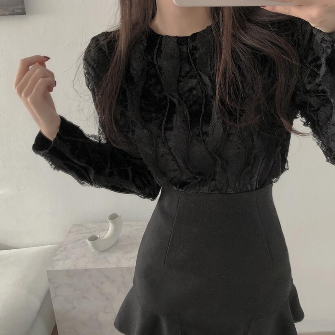 lace shirt + high waist ruffle skirt setup lf2599