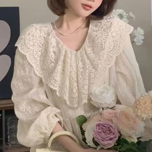 lace V neck long sleeve shirt lf2636
