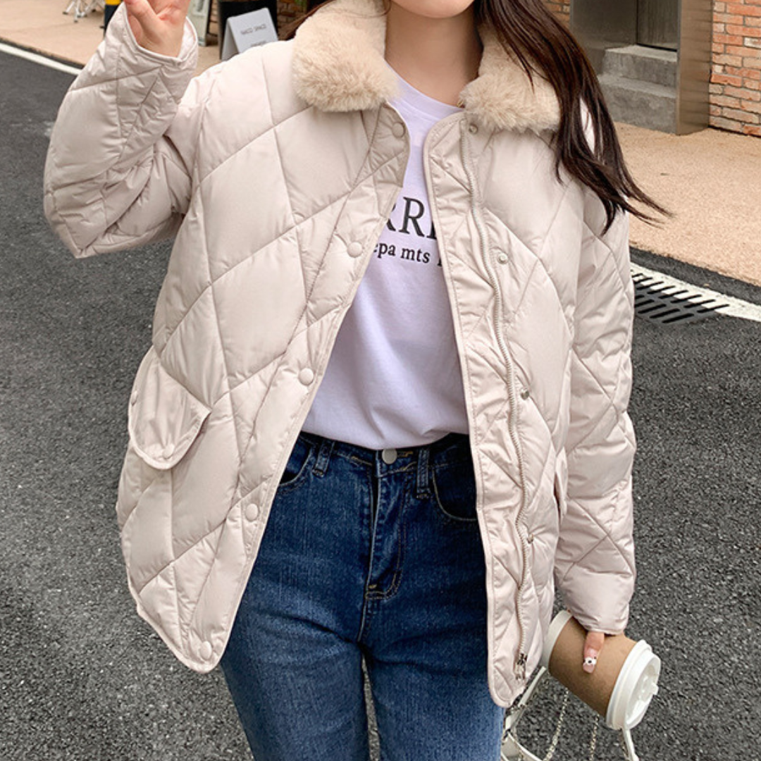 【即納】fur collar latte quilting coat lf-s1007