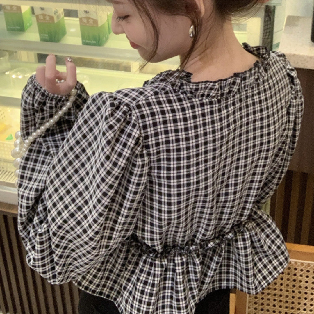 peplum check blouse lf2720