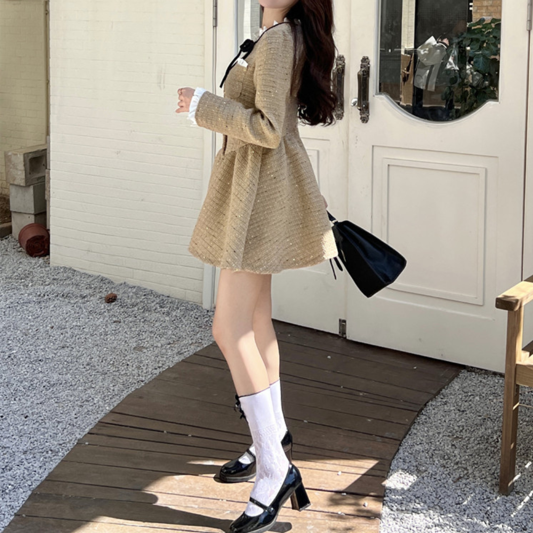 frill ribbon tie tweed onepiece lf2558