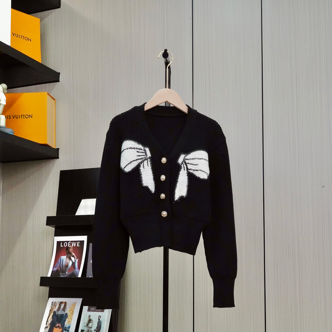 V neck ribbon sweater cardigan lf2737