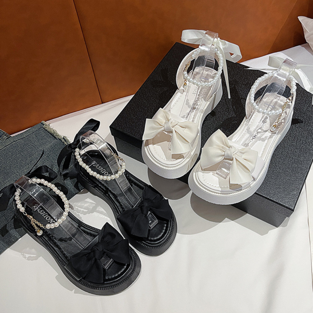【即納】Thick sole ribbon pearl sandals lf3161