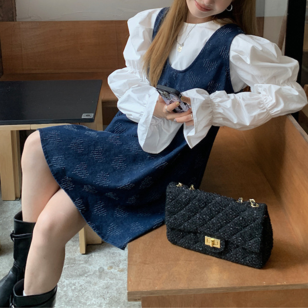 puff sleeve shirt, denim vest skirt lf2643