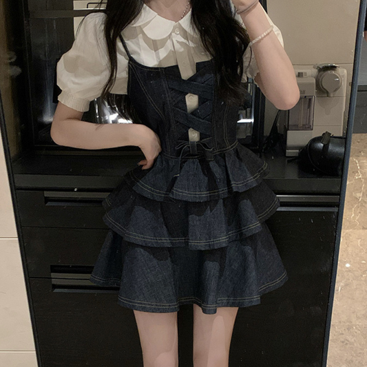 ruffle denim dress lf2969