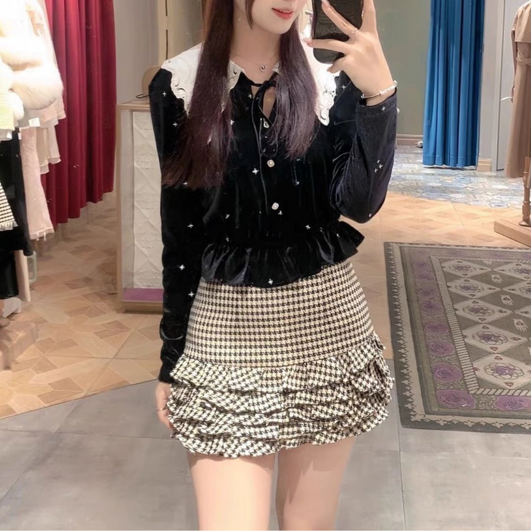 velor lace collar tops lf2688