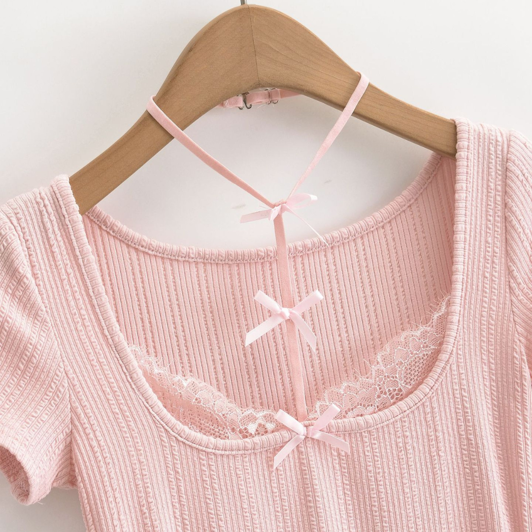 ribbon lace design stretch tops lf3212