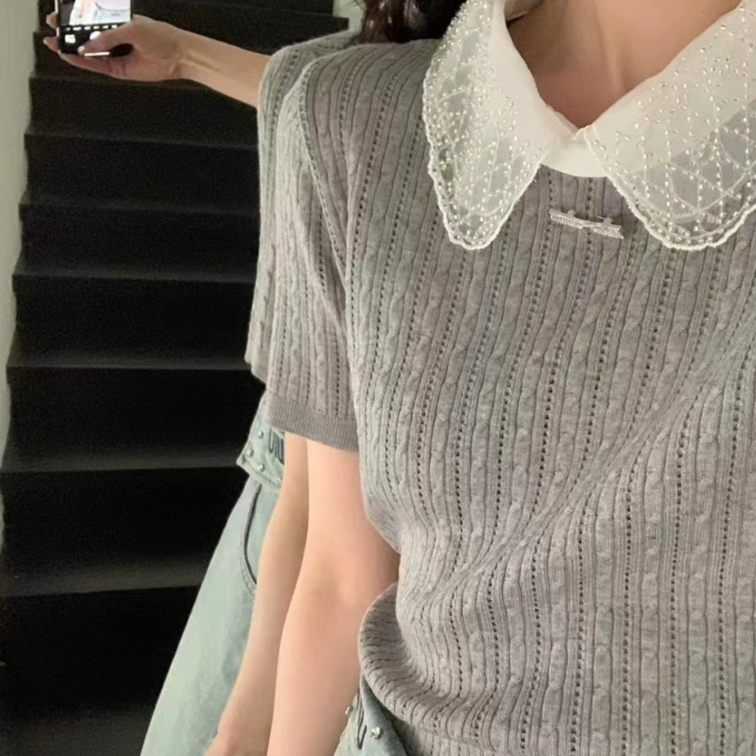 sparkly collar short sleeve knit lf3287