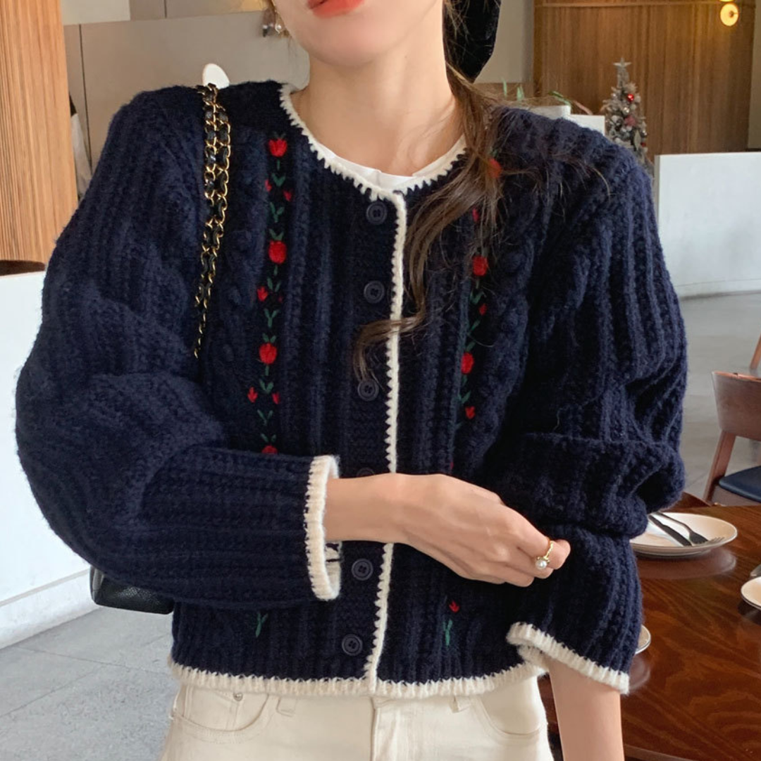 Flower embroidery cable knit lf2694