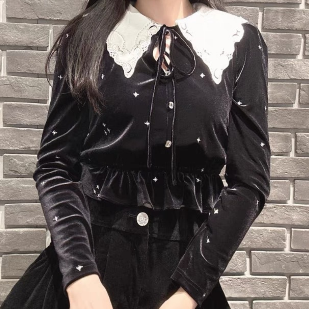 velor lace collar tops lf2688